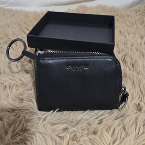 Coach Black Leather Zip Card Holder with Key Ring